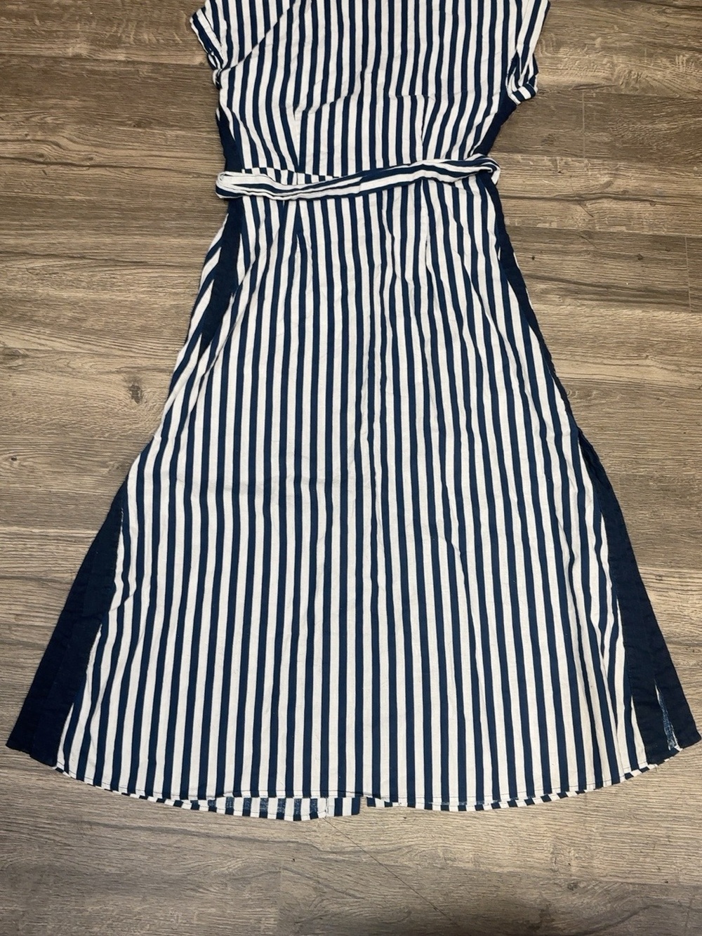 ZARA XS Navy White Striped Belted Shirt Dress Side Slits Round Buckle - Picture 3 of 9